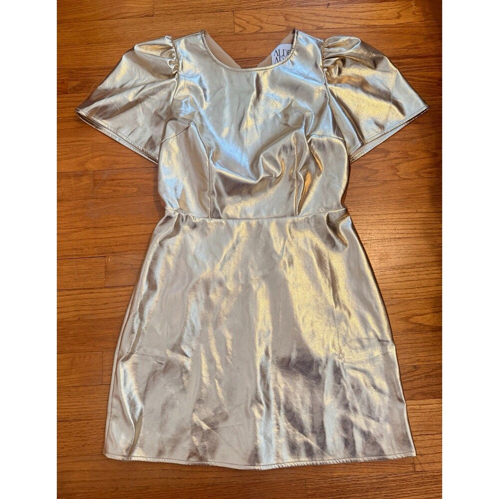 NWT Alden Adair Hadley Gold Metallic Square Neck Puff Sleeve Short Dress XS $298